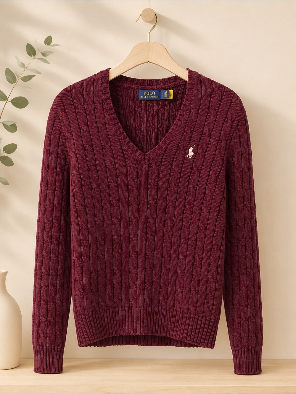 Ralph Lauren Women
Cable-Knit V-Neck Sweater in Burgundy ✨